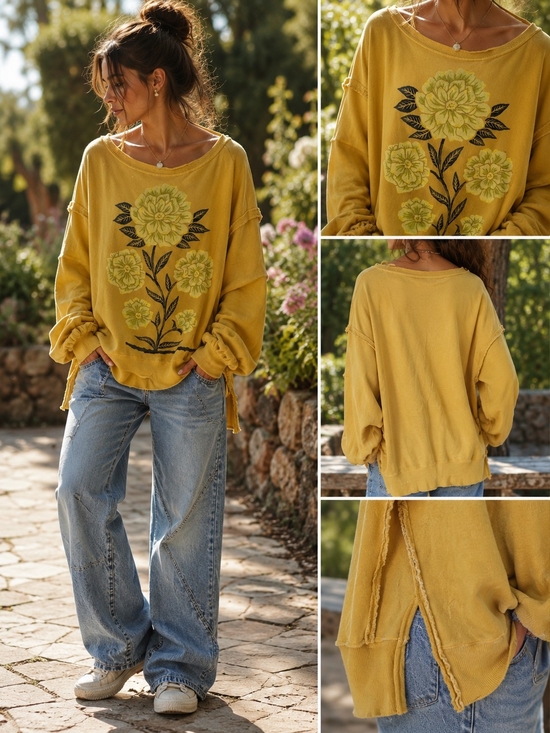 We The Free Tops - We The Free Mustard Floral Oversized Camden Sweatshirt, NWT, Size M